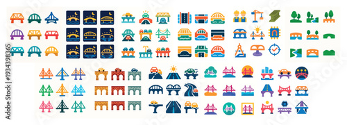 Bridge icons with arch suspension span colorful