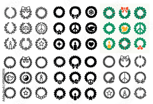 Holiday icons with wreath laurel bow minimal