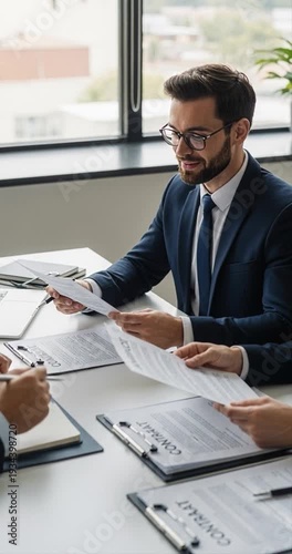 Business professionals examining documents in office environment