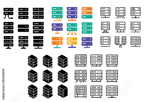 Technology icons with server racks and drives outline