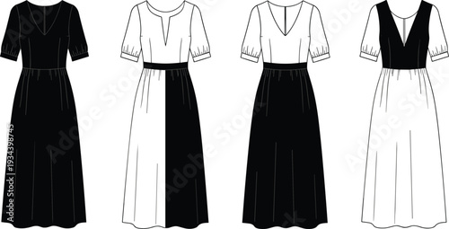 Vector technical flat sketch of women v neck maxi dress with short puff sleeves in black and white versions for fashion design