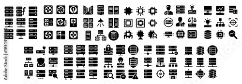 Technology icons with server chip and database glyph