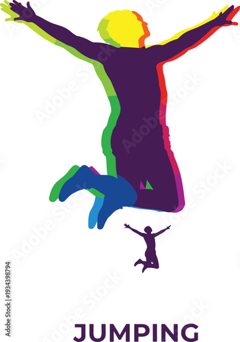 Vibrant colorful silhouette of a person jumping with arms outstretched and jumping text representing athletic achievement, personal victory, excitement, high energy, and physical fitness.