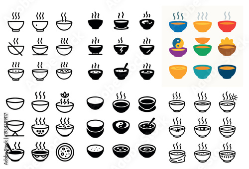 Food icons with bowl soup spoon flat colorful