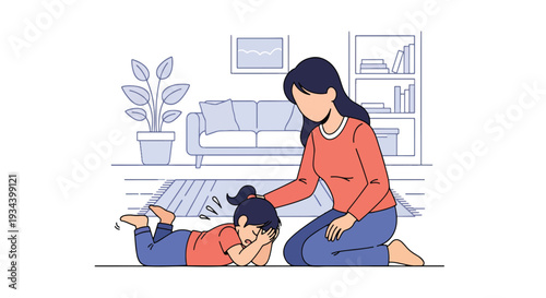 Modern vector illustration of child having tantrum while calm mother kneels and speaks gently. Positive parenting and emotional regulation concept for family education and child development
