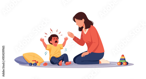 Modern vector illustration of child having tantrum while calm mother kneels and speaks gently. Positive parenting and emotional regulation concept for family education and child development