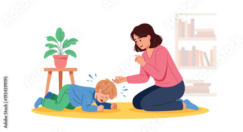 Modern vector illustration of child having tantrum while calm mother kneels and speaks gently. Positive parenting and emotional regulation concept for family education and child development