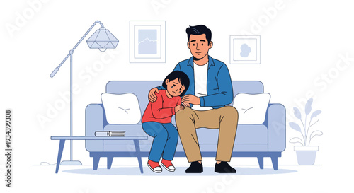 Modern vector illustration of father comforting sad child sitting on sofa at home. Emotional support, empathy and healthy parenting concept for family bonding and child mental wellbeing