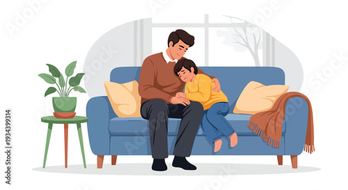 Modern vector illustration of father comforting sad child sitting on sofa at home. Emotional support, empathy and healthy parenting concept for family bonding and child mental wellbeing