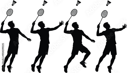 Badminton player silhouettes performing jump smash action sequence with racket and shuttlecock, dynamic sports motion illustration, competitive game technique vector design for fitness themes