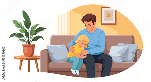 Modern vector illustration of father comforting sad child sitting on sofa at home. Emotional support, empathy and healthy parenting concept for family bonding and child mental wellbeing