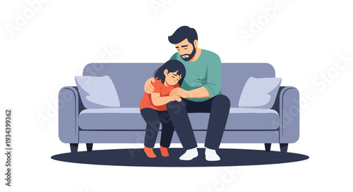 Modern vector illustration of father comforting sad child sitting on sofa at home. Emotional support, empathy and healthy parenting concept for family bonding and child mental wellbeing