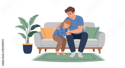 Modern vector illustration of father comforting sad child sitting on sofa at home. Emotional support, empathy and healthy parenting concept for family bonding and child mental wellbeing