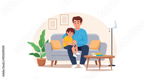 Modern vector illustration of father comforting sad child sitting on sofa at home. Emotional support, empathy and healthy parenting concept for family bonding and child mental wellbeing