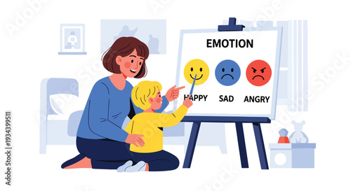 Modern vector illustration of mother teaching child about emotions using feeling chart with happy and angry icons. Emotional intelligence education and parenting guidance concept