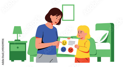 Modern vector illustration of mother teaching child about emotions using feeling chart with happy and angry icons. Emotional intelligence education and parenting guidance concept