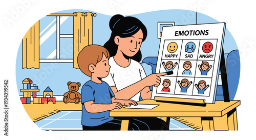 Modern vector illustration of mother teaching child about emotions using feeling chart with happy and angry icons. Emotional intelligence education and parenting guidance concept