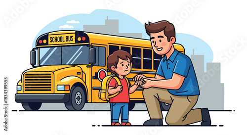 Modern vector illustration of father encouraging nervous child before first day of school. Confidence building and supportive parenting concept for childhood education success