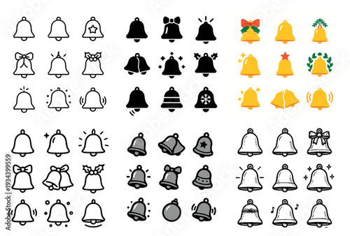 Bell icons with bow holly ribbon festive