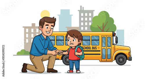 Modern vector illustration of father encouraging nervous child before first day of school. Confidence building and supportive parenting concept for childhood education success