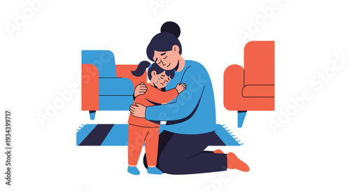 Modern vector illustration of parent hugging crying child after small accident at home. Emotional comfort, empathy and positive parenting support concept for child wellbeing