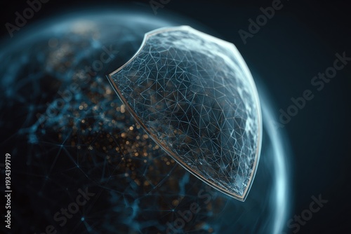 Digital shield protecting glowing planet earth network