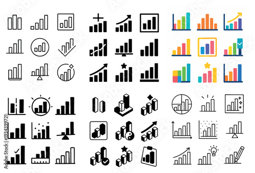 Analytics icons with chart bar growth colorful