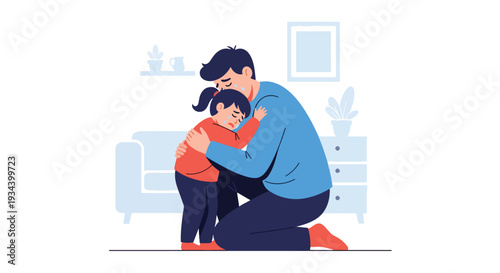 Modern vector illustration of parent hugging crying child after small accident at home. Emotional comfort, empathy and positive parenting support concept for child wellbeing