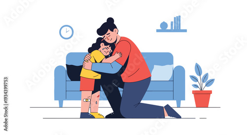 Modern vector illustration of parent hugging crying child after small accident at home. Emotional comfort, empathy and positive parenting support concept for child wellbeing