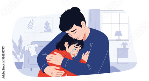 Modern vector illustration of parent hugging crying child after small accident at home. Emotional comfort, empathy and positive parenting support concept for child wellbeing
