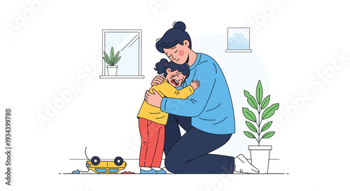 Modern vector illustration of parent hugging crying child after small accident at home. Emotional comfort, empathy and positive parenting support concept for child wellbeing