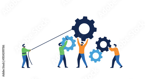 Teamwork concept with people connecting and moving large mechanical gears
