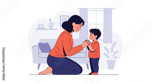 Modern vector illustration of mother teaching child to apologize after mistake. Social skill education and positive parenting guidance concept for emotional development