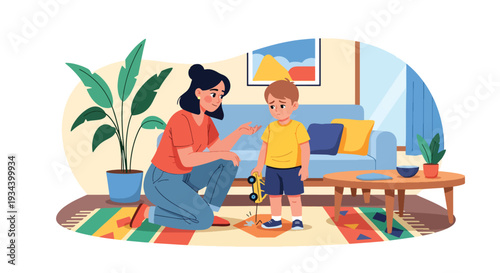 Modern vector illustration of mother teaching child to apologize after mistake. Social skill education and positive parenting guidance concept for emotional development