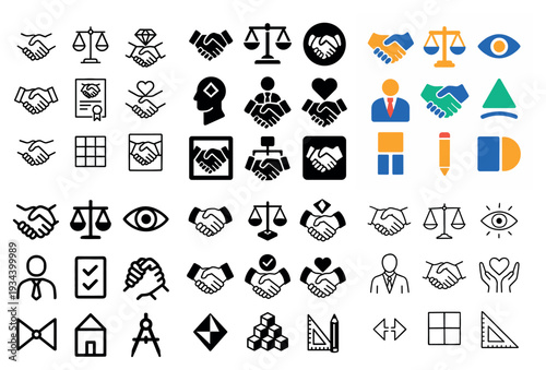 Business icons with handshake scale person minimal outline