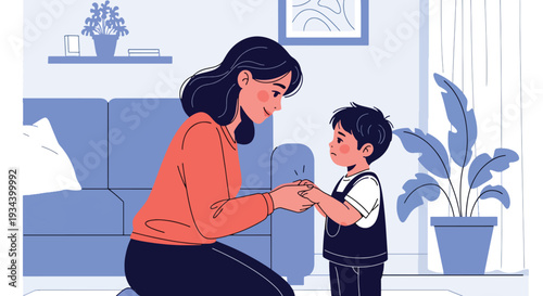 Modern vector illustration of mother teaching child to apologize after mistake. Social skill education and positive parenting guidance concept for emotional development