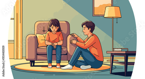 Modern vector illustration of parent comforting child feeling lonely at home. Mental health awareness and emotional support parenting concept for family wellbeing