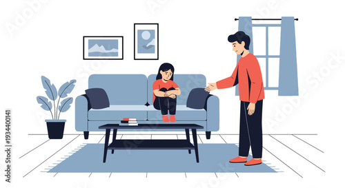 Modern vector illustration of parent comforting child feeling lonely at home. Mental health awareness and emotional support parenting concept for family wellbeing