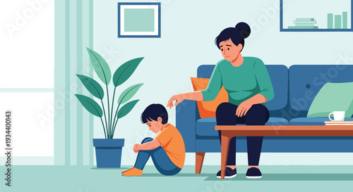 Modern vector illustration of parent comforting child feeling lonely at home. Mental health awareness and emotional support parenting concept for family wellbeing