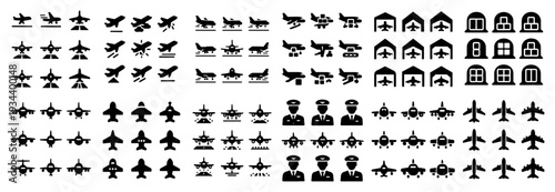 Aviation icons with airplane pilot hangar silhouette