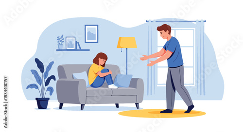 Modern vector illustration of parent comforting child feeling lonely at home. Mental health awareness and emotional support parenting concept for family wellbeing