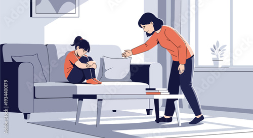 Modern vector illustration of parent comforting child feeling lonely at home. Mental health awareness and emotional support parenting concept for family wellbeing