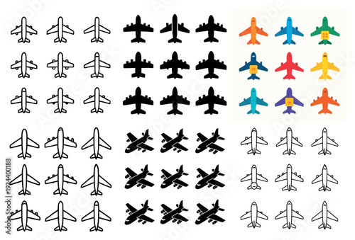 Aviation icons with airplane jet flat