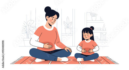 Modern vector illustration of parent teaching breathing exercise to child for anger control. Emotional regulation and mindful parenting concept for healthy development