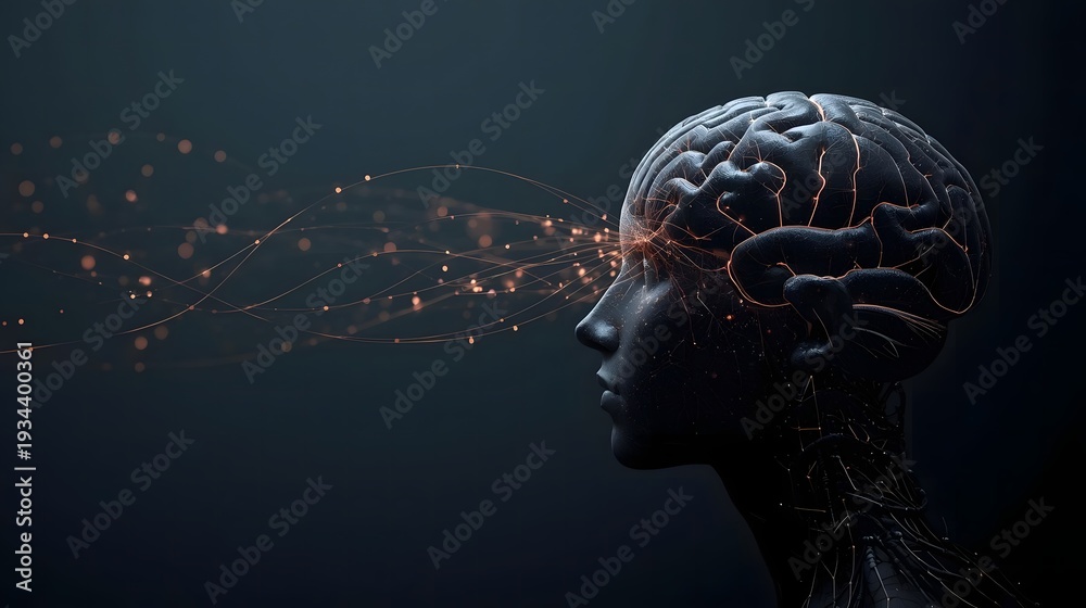 Obraz premium Realistic human brain with subtle holographic AI lines in moody futuristic style.