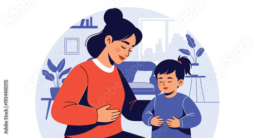 Modern vector illustration of parent teaching breathing exercise to child for anger control. Emotional regulation and mindful parenting concept for healthy development