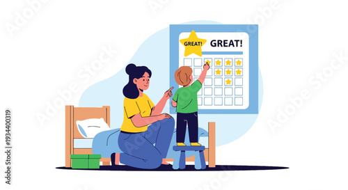 Modern vector illustration of mother praising child with reward star chart. Positive reinforcement parenting concept for motivation, confidence and healthy childhood development
