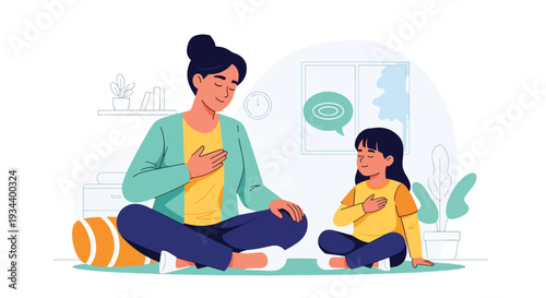 Modern vector illustration of parent teaching breathing exercise to child for anger control. Emotional regulation and mindful parenting concept for healthy development