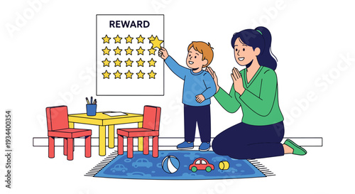 Modern vector illustration of mother praising child with reward star chart. Positive reinforcement parenting concept for motivation, confidence and healthy childhood development