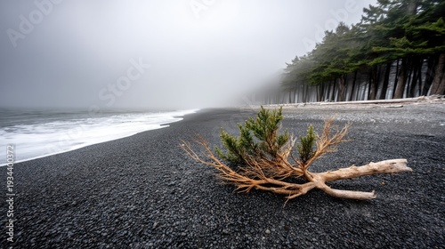 Driftwood on Rialto Beach in Washington State with fog and waves crashing on the black sand shore